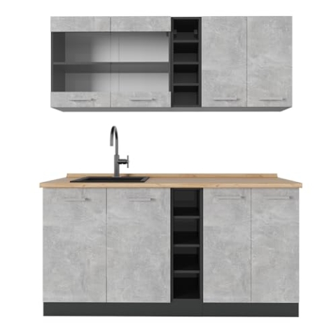 Vicco Singleküche R-Line, Küchenzeile Single, Beton/Anthrazit, 160 cm ohne Arbeitsplatte
