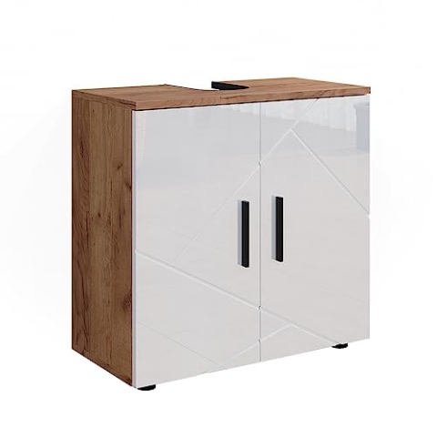 Vicco Waschbeckenunterschrank Irma, Waschtischunterschrank, Eiche/Weiß Hochglanz, 60 x 59 cm