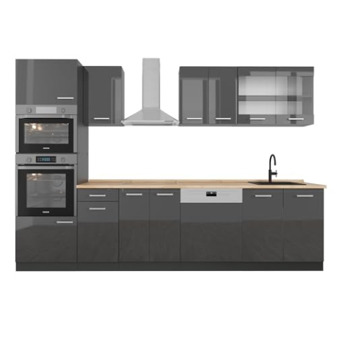 Vicco Küchenzeile R-Line, Anthrazit Hochglanz/Anthrazit, 300 cm mit Hochschrank, AP Eiche