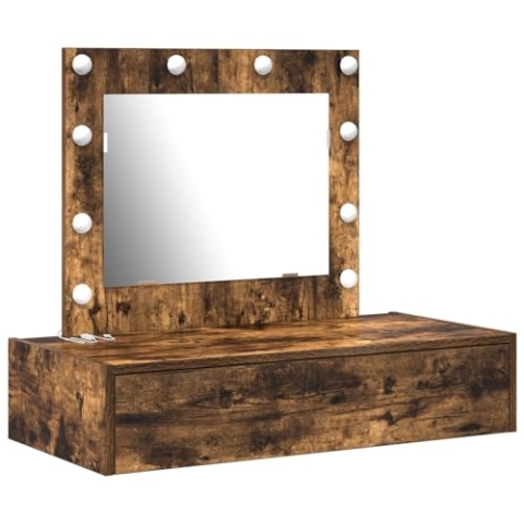 vidaXL LED Schminktisch mit Spiegel in geräucherter Eiche | Modernes Design Maße 83 x 40 x 70 cm Eingebaute Beleuchtung Perfekt für Makeup und Pflegeutensilien Schlafzimmermöbel Aufbewahrung
