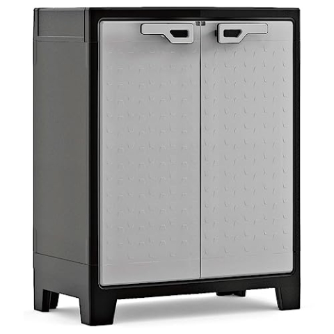 Keter Titan Kunststoffschrank, niedrig, grau, 80 x 44 x 100 cm, inkl. 2 Einlegeböden mit je 30kg Tragkraft (TÜV zertifiziert), für drinnen und draußen, wasserdicht, aus 70% recycelten Materialien