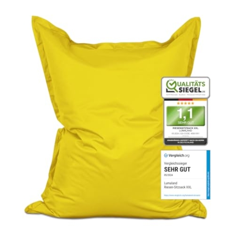 Lumaland Riesen-Sitzsack XXL 140x180 cm | Wasserfestes Indoor & Outdoor Liegekissen mit über 3 Mio. anpassungsfähigen EPS-Perlen | Bean Bag mit waschbarem Bezug [Gelb]