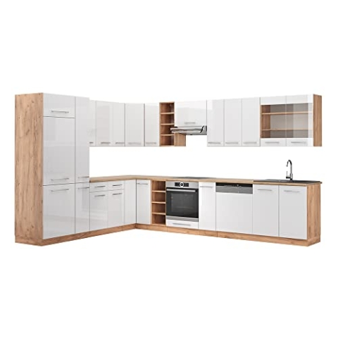 Vicco Eckküche Fame-Line, Weiß Hochglanz/Goldkraft Eiche, 257 x 60 cm, AP Eiche