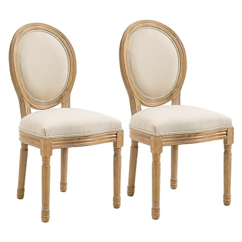HOMCOM 2er Set Esszimmerstühle Vintage Küchenstuhl Polsterstuhl mit Rückenlehne Linen-Touch Massivholz Cremeweiß+Natur 49 x 56 x 96 cm