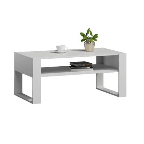 MATKAM Couchtisch KAJA H50 x B100 x T53,6 cm Loft Retro, offene Ablage unter der Tischplatte, Kufenbeine (Weiß-Weiß)