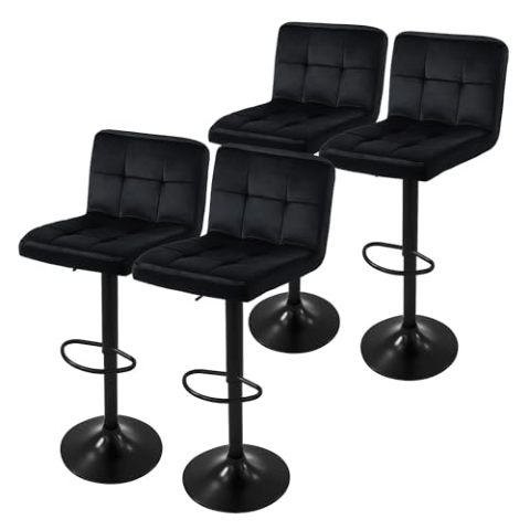 ML-Design Barhocker 4er Set, Bezug aus Samt, Schwarz, Gepolsterter Barstuhl mit Rückenlehne und Fußstütze, Tresenhocker höhenverstellbar 63-83cm, 360° drehbar, Bistrohocker Hocker Drehstuhl Barstühle