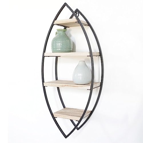 IVOL Design Metall Wandregal - Schwarz - Oval mit 4 Holzböden (36 x 80 cm)