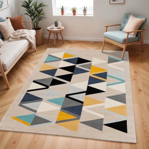Livabliss Marietta Teppich Wohnzimmer Boho, großer Teppich Schlafzimmer 160x220 cm - Teppich für Esszimmer mit geometrischem Muster, Skandinavischer Wohnzimmerteppich modern in Beige, Gelb, Blau