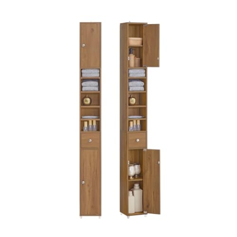 SoBuy Bad Hochschrank mit Verstellbare Ablagen Badschrank Badzimmerschrank schmal platzsparender Badregal Badmöbel Badezimmer Vintage BHT ca. 20x180x20cm BZR34-PF