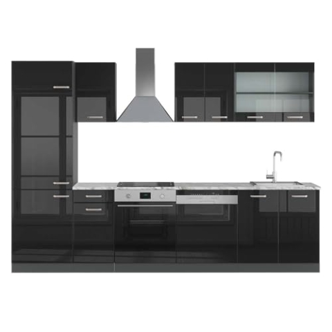 Vicco Küchenzeile R-Line, Schwarz Hochglanz/Anthrazit, 300 cm, AP Marmor