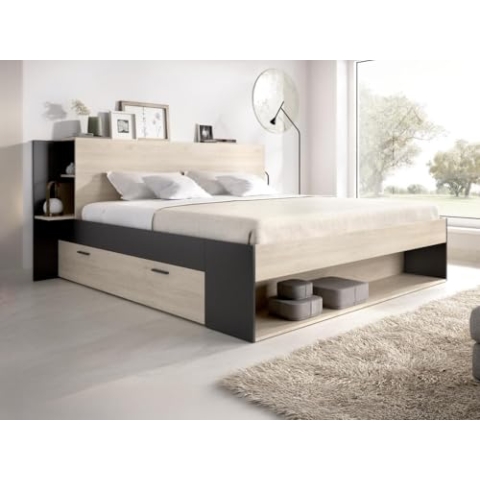 Vente-unique-Bett mit Stauraum + Lattenrost + Matratze - 140 x 190 cm - Holzfarben & Schwarz - KEROSIA