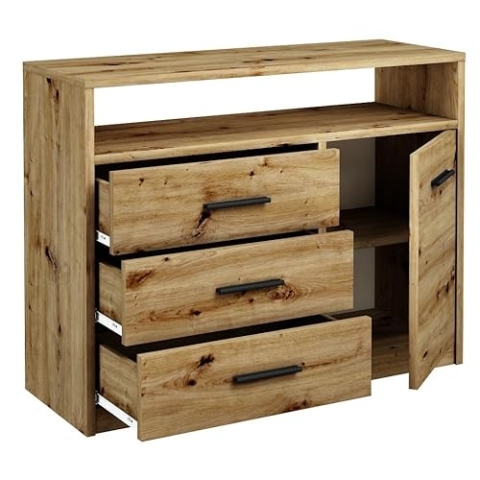MATKAM Kommode Bodo 1D3SO, H75 x B98 x T35 cm, mit 3 Schubladen, einem Ablagefach und einem Türschrank, Griffe in Metall-Optik, Schubladen-Führungsschienen aus Metall (Artisan Eiche)