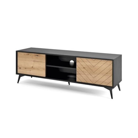 Selsey Boulia - TV-Lowboard Schwarz mit Fischgrätfronten in Eiche, 154 cm