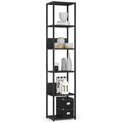 AKORD Bücherregal mit 6 Ablagen 40cm breit | Industrial/Loft-Style | Offen | Skelettbauweise | Standregal | Holz/Metall | Für Küche, Schlafzimmer, Büro | Regal mit Metallrahmen | Schwarz