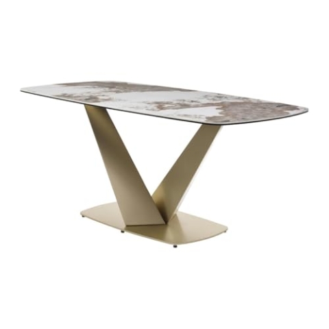 Vente-unique-Esstisch für 6 Personen - Keramik, Sicherheitsglas & goldfarbenes Metall - Marmor-Optik Weiß & Grau - PORELIMA von Maison Céphy