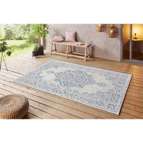 NORTHRUGS In- und Outdoor Teppich 200x290cm - Wetterfest Orientalisch Vintage-Design mit Medallion Läufer Terrassenteppich Balkonteppich Küchenläufer Badteppich Wohnzimmerteppich Wasserfest in Blau