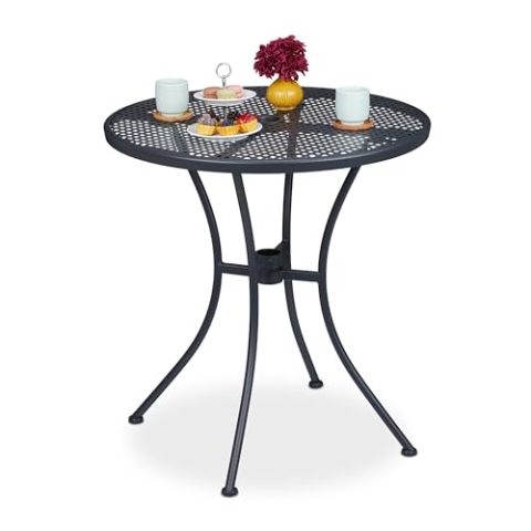 Relaxdays Gartentisch, mit Schirmloch, Gitter-Optik, wetterfest, Stahl, HxD: 72 x 70 cm, runder Balkontisch, anthrazit