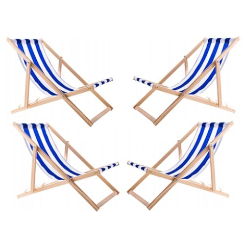 WOODOK 4-er Liegestuhl Set aus Buchenholz Strandstuhl Sonnenliege Gartenliege für Strand, Garten, Balkon und Terrasse Liege Klappbar bis 120kg (Blaue Streifen)