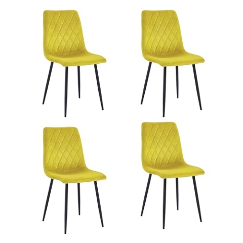 Esszimmerstühle 4er Set Hellgelb – Samt Gepolstert mit Rautensteppung – Metallbeine Schwarz – Moderner Polsterstuhl für Küche & Wohnzimmer