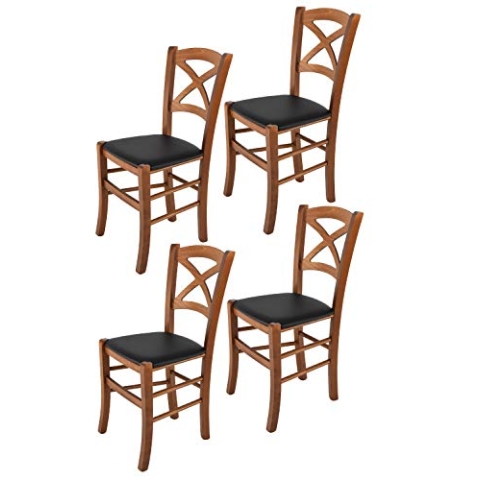 Tommychairs - 4er Set Stühle CROSS für Küche und Esszimmer, Struktur aus lackiertem Buchenholz im Farbton Helles Nussbraun und gepolsterte Sitzfläche mit KUNSTLEDER in der Farbe Schwarz bezogen