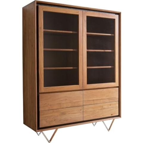 DELIFE Glasschrank Stonegrace Akazie Natur 115x150 2 Türen 4 Schubladen Steinfurnier V-Fuß