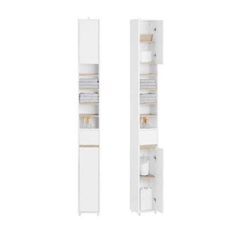 SoBuy Bad Hochschrank mit Verstellbare Ablagen Badschrank Badzimmerschrank schmal platzsparender Badregal Badmöbel Badezimmer Weißnatur BHT ca. 20x180x20cm BZR34-WN