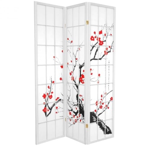 Fine Asianliving Japanische Paravent Raumteiler Trennwand B135xH180cm 3 Paneele Weiß - Kirschblüten Japanische Paravent Raumteiler Shoji Raumtrenner Spanische Wand Sichtschutz Trennwand