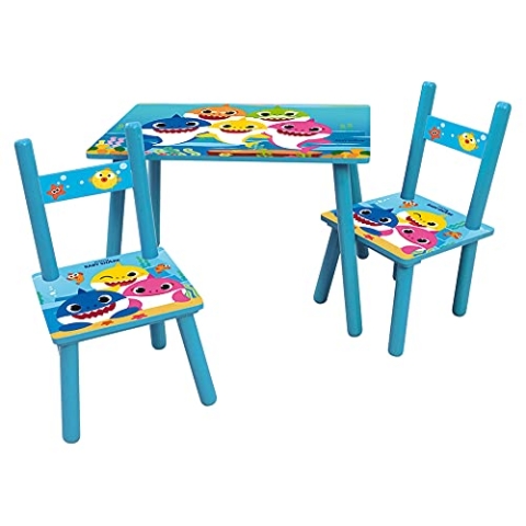 Fun House Kinder 713439 Baby Shark Tisch, rechteckig, H.41 x L.61, 42 cm, mit 2 Stühlen, H 49,5 x B 31 x T 31,5 cm, MDF, Mehrfarbig