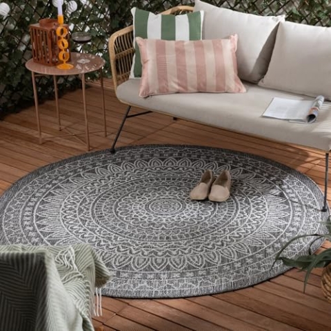 FRAAI In- & Outdoor Teppich Rund - Summer Azteca Grau Ø 160cm - Wetterfest - Polypropylen - Flachgewebe - Balkon, Garten/Terrasse - Terrasse - Rug