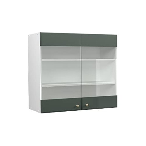 Vicco Küchenglasschrank Fame-Line, Glashängeschrank, Grün-Gold Landhaus/Weiß, 80 cm