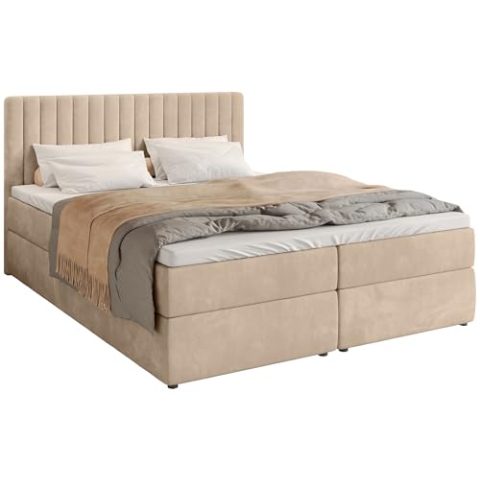 BROMARKT Boxspringbett mit Bettkasten Polsterbett mit Bonell-Matratze und Topper Doppelbett mit Stauraum Bett für Schlafzimmer gepolstertes Kopfteil Dream 140x200 Härtegrad H3 Samtstoff Beige
