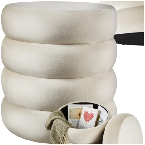 tectake® Hocker mit Stauraum, Scandi Sitzhocker Samt Stoff, Pouf, Polsterhocker rund für Schminktisch, Wohnzimmer Möbel, als Flur Möbel, Stauhocker Wohnen, Ø 42 x 47 cm - Samtoptik Creme-weiß