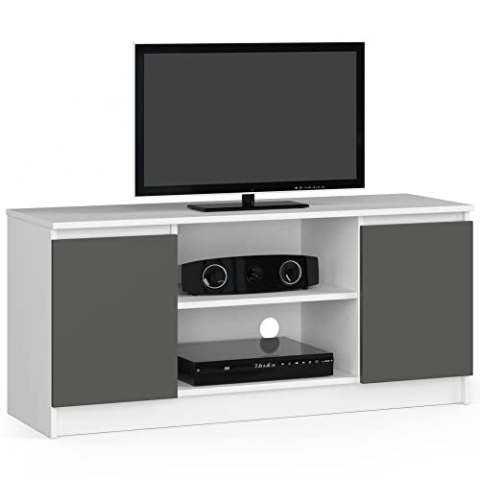 AKORD Fernsehkommode K-120 | EIN offenes Regalfach | 2 Ablagen mit Türen Links und rechts | H55 x B120 x T40 cm | Gewicht 30 kg | Farbe: Weiß/Graphitgrau