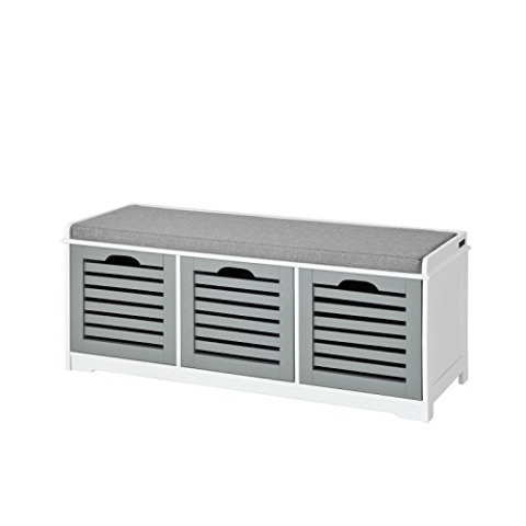 SoBuy FSR23-HG Moderne Schuhtruhe Sitzkommode mit 3 Körben(grau) Sitzbank Schuhschrank mit Sitzkissen Spieltruhe weiß mit grau