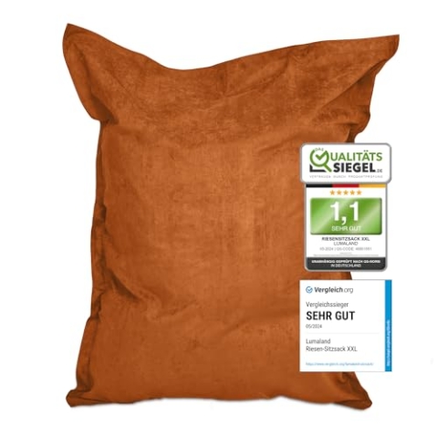 Lumaland Riesen-Sitzsack XXL 140x180cm | Indoor Bean Bag aus weichem & waschbarem Microvelours | 2-in-1- für bequemes Sitzen & Liegen | Mit über 3 Mio. anpassungsfähigen EPS-Perlen [Orange]