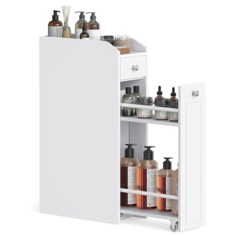 VASAGLE Badezimmerschrank klein, Badschrank schmal, Kleiner Schrank für Toilettenpapier, Toilettenschrank mit Schubladen, Aufbewahrungsschrank stehend, für kleine Räume, weiß BBC847P31