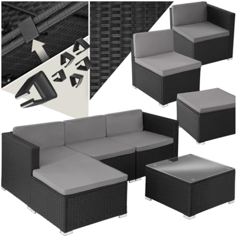 tectake® Poly Rattan Lounge, Outdoor Sitzgruppe, Set mit Sofa Sessel, Hocker, Tisch, frei kombinierbar, Sitzecke für 3-4 Personen, Möbel wetterfest für Garten Terrasse Balkon - schwarz
