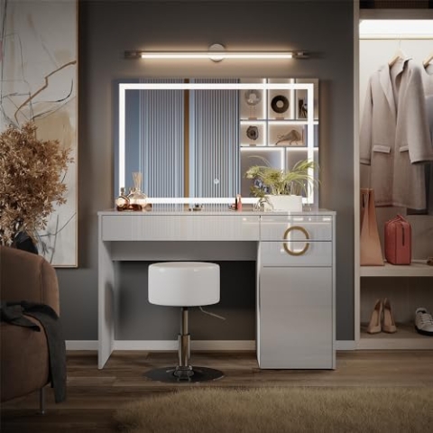 Vicco Schminktisch Adela, Weiß Hochglanz, 115 cm mit LED Spiegel und Hocker