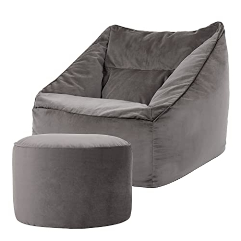 Icon Natalia Sitzsack Sessel mit Sitzpuff für Erwachsene, Dunkelgrau, Flauschiger Samtstoff, Riesen Sitzsack Samt mit Füllung, Bean Bag Chair, Bequemer Sessel Wohnzimmer, Lounge, Schlafzimmer, Büro