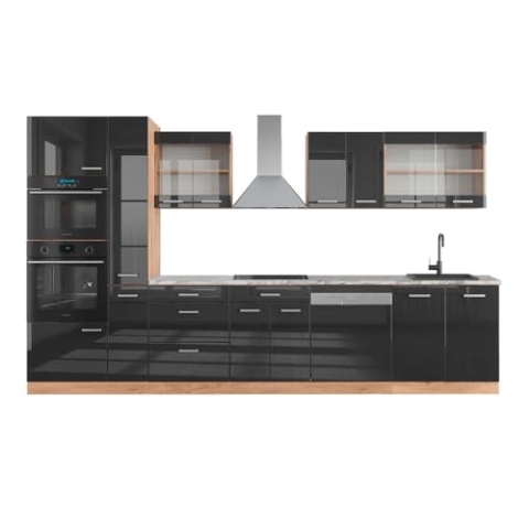 Vicco Küchenzeile R-Line, Anthrazit Hochglanz/Goldkraft Eiche, 350 cm mit Hochschrank, AP Marmor
