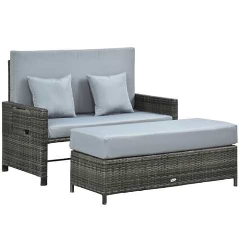 Outsunny Zweisitzer-Gartensofa mit Liegefunktion, Gartenliege in Rattanoptik, ausfahrbare Fußbank mit Stauraum, mit Sitzkissen, Grau, 130 x 72 x 96 cm