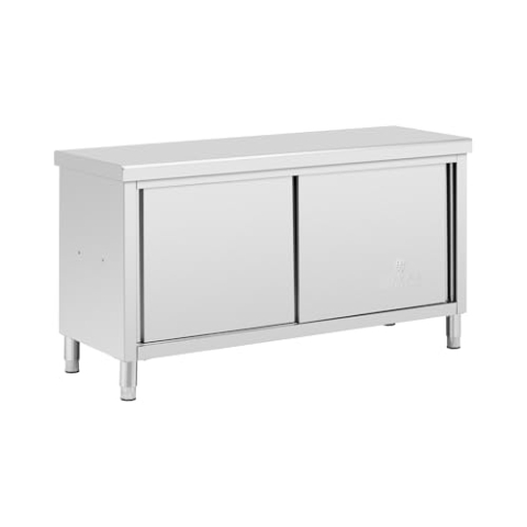 Royal Catering Edelstahl-Arbeitsschrank mit Durchreiche 160 x 60 cm 1 Einlegeboden 500 kg max. Tragkraft verstärkte Oberfläche höhenverstellbare Füße Durchreicheschrank Edelstahlschrank Gastro