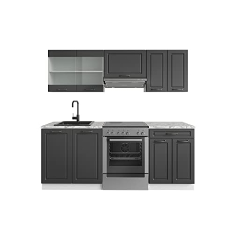 Vicco Küchenzeile R-Line, Küchenblock, Anthrazit Landhaus/Weiß, 200 cm, AP Marmor