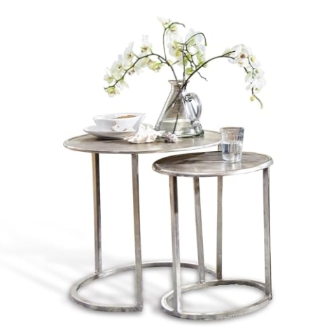 Loberon Beistelltisch 2er Set Bodhi, Zwei Größen, Ineinander Schiebbar, Zeitloses Design, Beistellmöbel, Abstelltisch, Aluminium, antiksilber