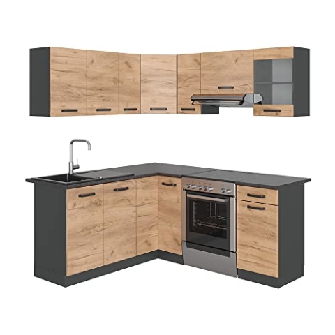Vicco Eckküche Rick, Anthrazit/Goldkraft Eiche, 187 x 167 cm, AP Schwarz