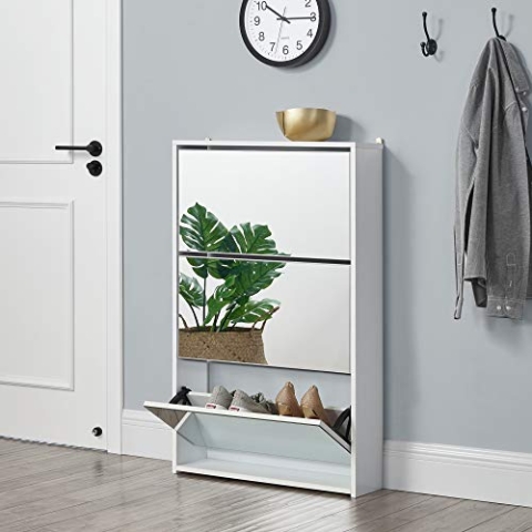 [en.casa] Schuhkipper Vogar Schuhschrank mit 3 Klappen verspiegelt Schuhkommode für 9 Paar Schuhe 102,5 x 63 x 17 cm Schuhaufbewahrung Weiß
