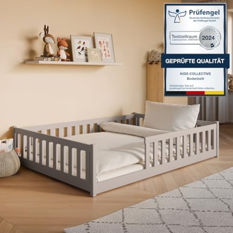 Kids Collective Kinderbett Bodenbett 140x200 cm mit Rausfallschutz & Lattenrost Montessori Bett Bed Gitterbett Kinder Jugendbett Einzelbett | Kaschmir weitere Größen 80x160 | 90x200 | 120x200 cm
