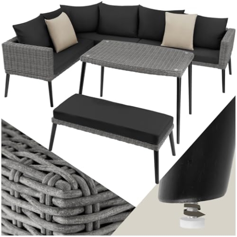 tectake® Aluminium Poly Rattan Lounge, Gartenmöbel Set mit Ecksofa, Bank und Tisch, Sitzgruppe für Garten Balkon Terrasse, Balkonmöbel Sofa Garnitur mit dicken Polstern, mit Zierkissen - grau