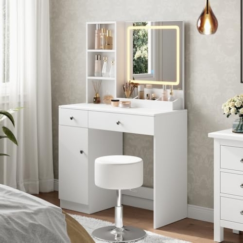 Vicco Schminktisch Silvia, Kosmetiktisch mit Spiegel, Weiß, 90 cm mit LED-Spiegel
