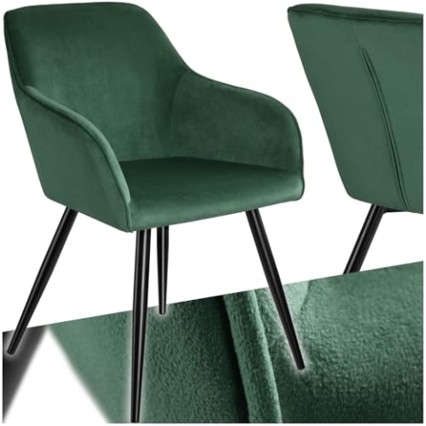 tectake® moderner Esszimmer Stuhl mit Armlehnen, Sitzfläche aus Samt, Armlehnstuhl, Sessel Wohnzimmer, gepolsterter Office Chair mit schwarzen Metallbeinen, Schminktisch Stuhl - dunkelgrün/schwarz